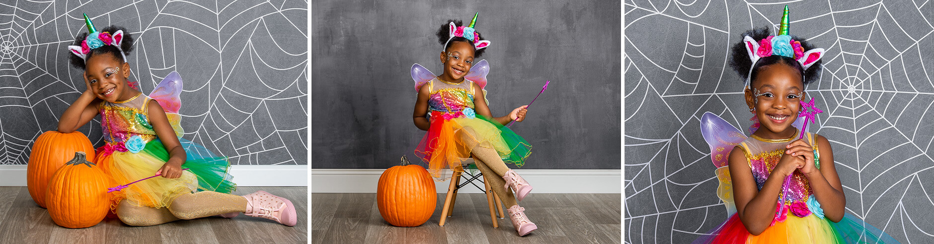 Girl dressed in a fairy costume, posing for Halloween pictures for children.