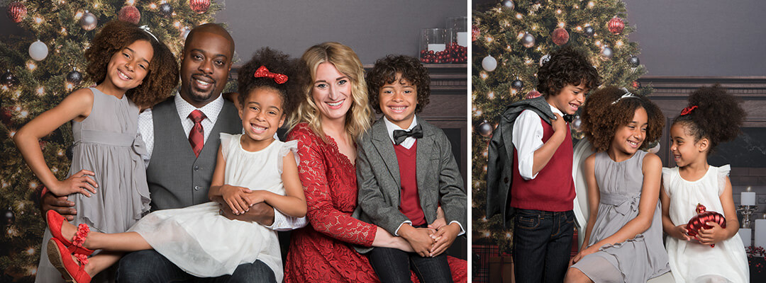 Christmas pictures taken at JCPenney Portraits with the Holly Berry Home background featuring a Christmas tree.