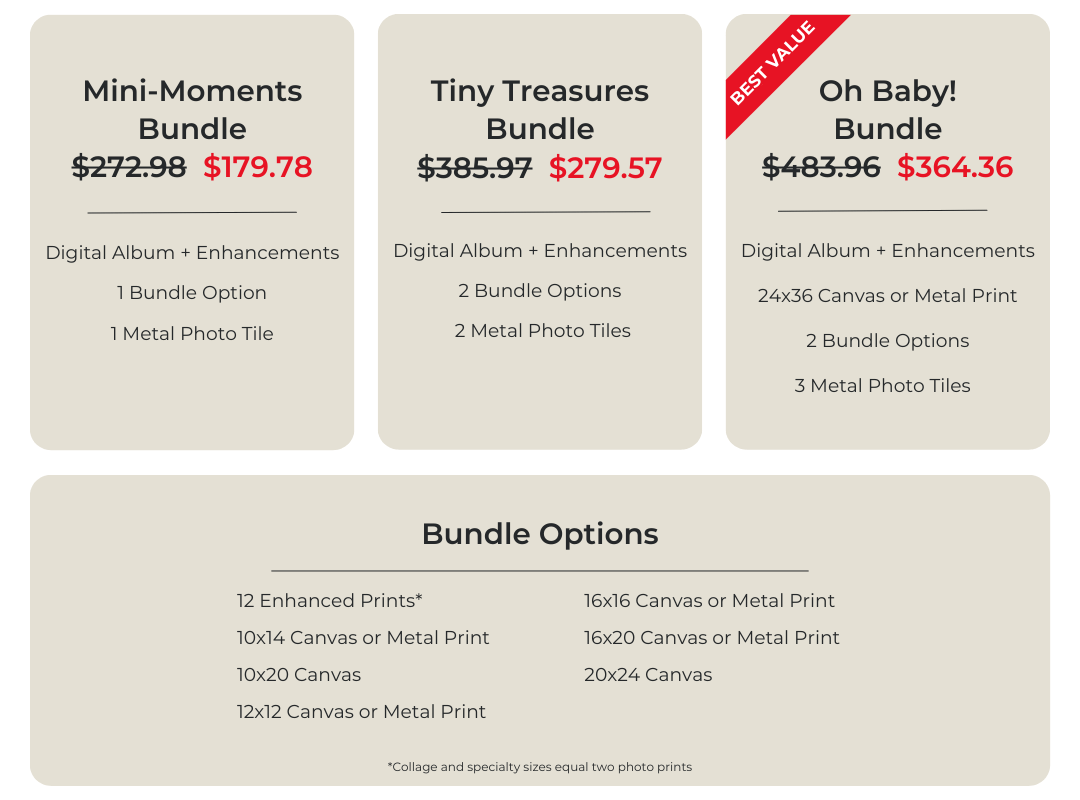 Custom photo product bundles for baby and maternity photo sessions.