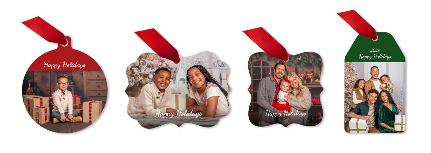 Personalized photo ornaments created using photos taken at JCPenney Portraits