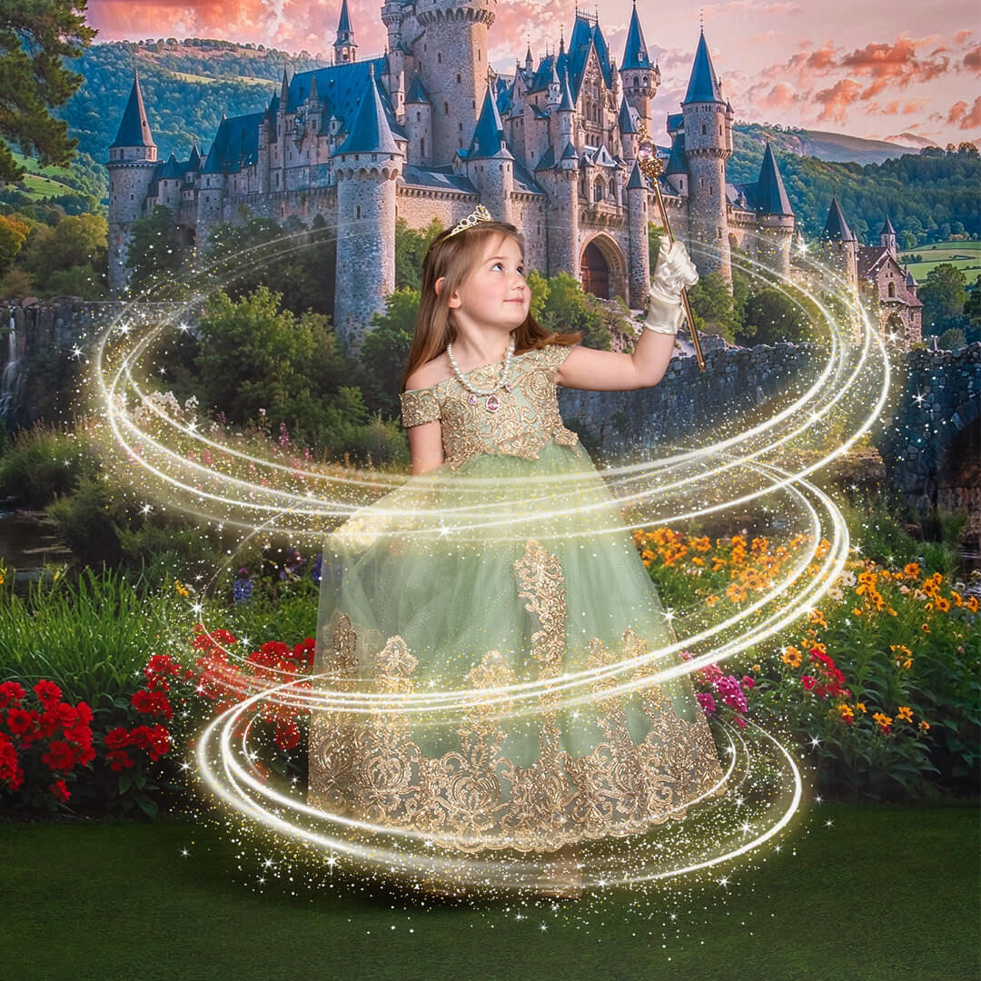 Girl in a green princess gown with a gold wand design overlay.