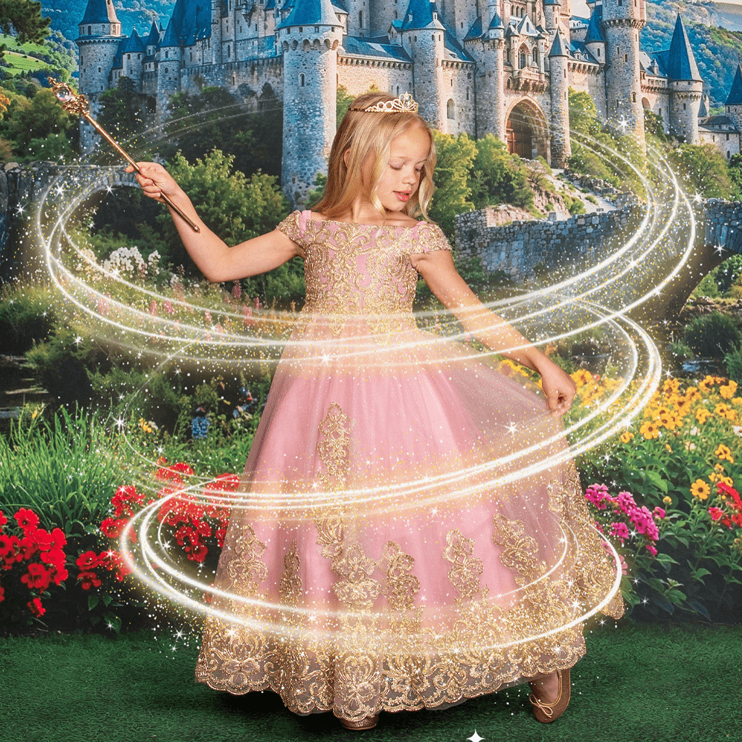 Girl in a pink princess gown with a gold design overlay.