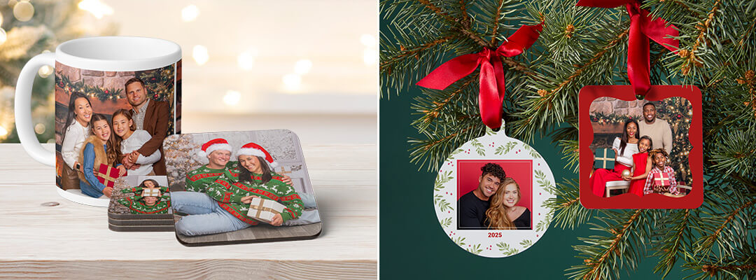 Holiday and Christmas gifts including mugs, coasters, and ornaments of your holiday photography.