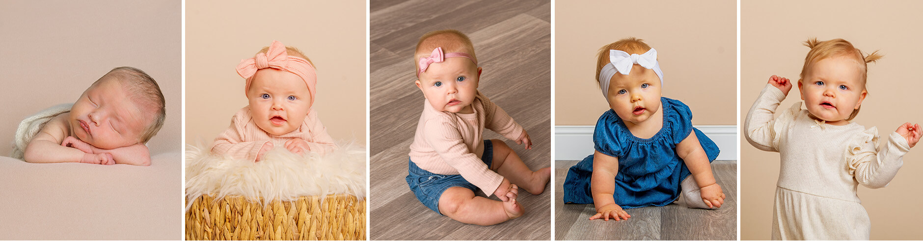 Baby milestone photos - newborn, 3 month, 6 month, 9 month, and 1 year.