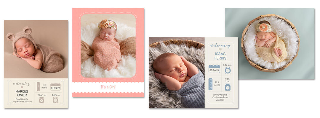 Newborn and baby cards and designs for baby photos.