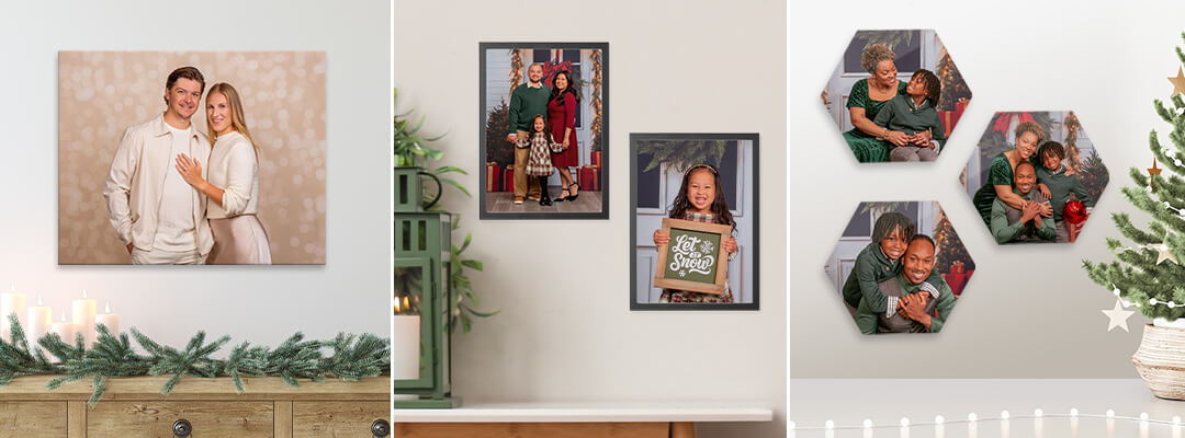 Create beautiful wall displays with canvas prints, framed photo tiles and more at JCPenney Portraits.