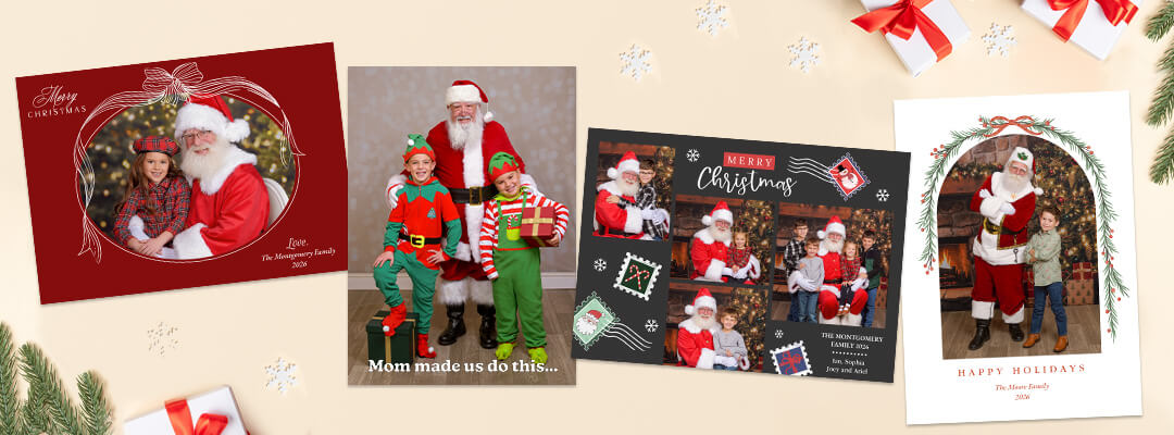 Holiday cards and enhancement designs featuring santa pictures at JCPenney Portraits.